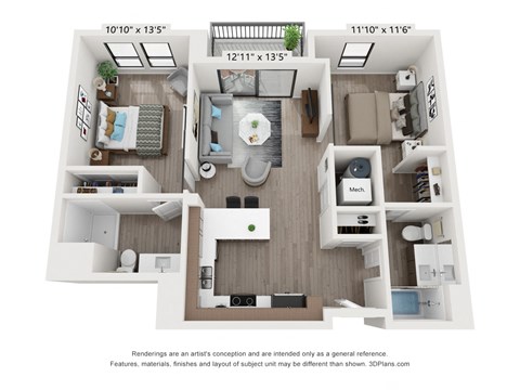 Floor plan for 2 beds, 2 baths, 852 sqft